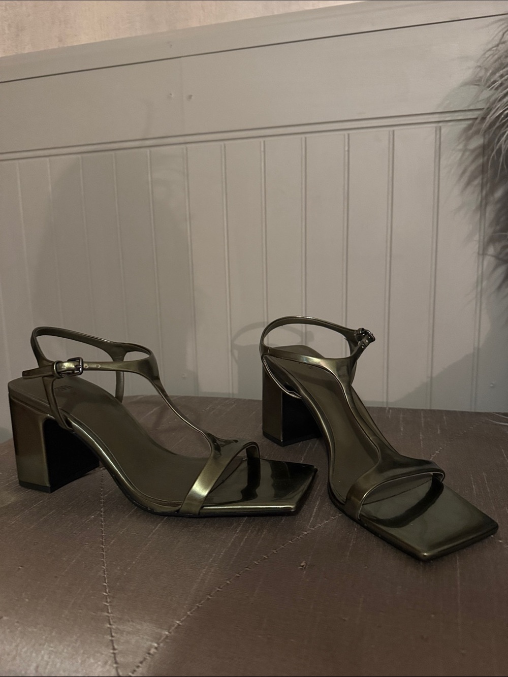 Zara Metallic Olive Green Square Toe Block Heel Sandals